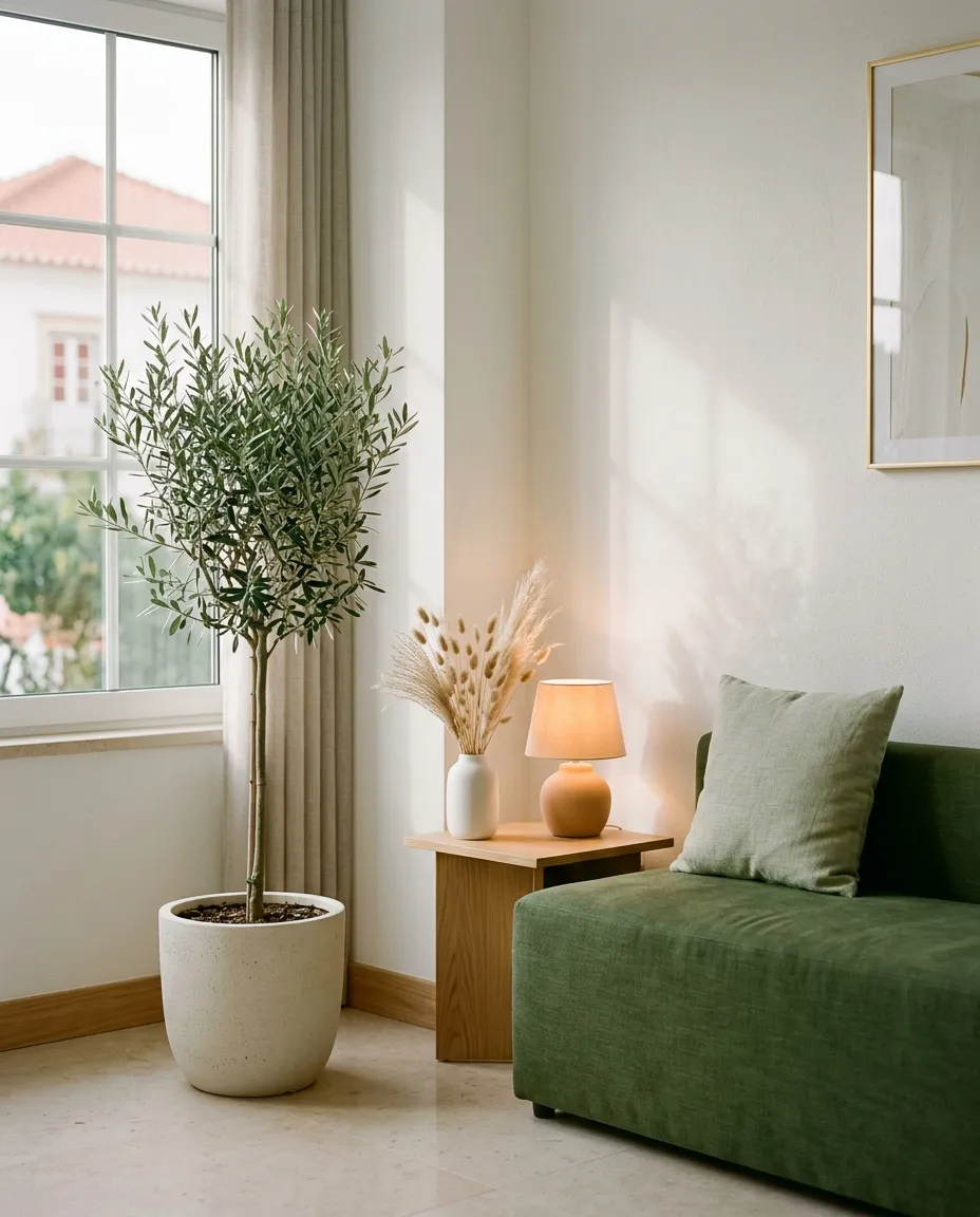 Canto de receção da SouBella Wellness: paredes porcelana, um banco de linho verde-musgo e um candeeiro de luz quente cor de alperce