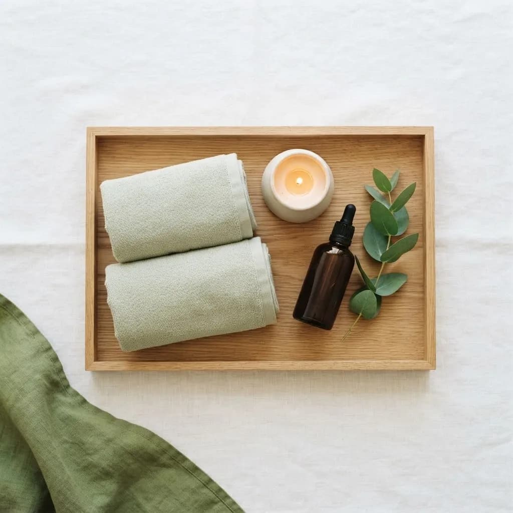 Tabuleiro de madeira com toalhas verde-sálvia dobradas, uma vela e um frasco pequeno de óleo de massagem