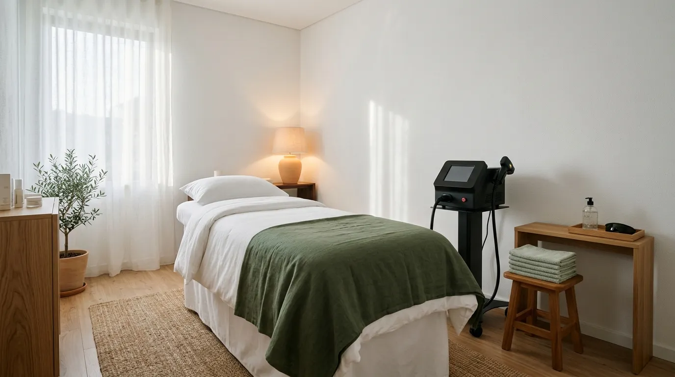Sala de tratamento da SouBella Wellness com aparelho de laser díodo, toalhas verde-sálvia dobradas e luz quente de candeeiro